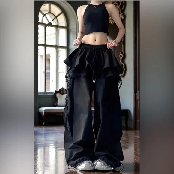 Street Y2K Punk Nylon & Lace Skirt Wide Leg Pants Combo Black S Whimsigoth - Picture 16 of 16